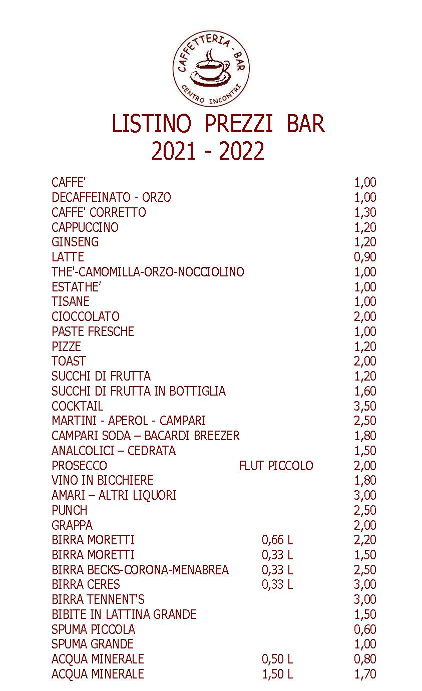 Listino Bar Invernale 2021 Associazione Centro Incontri